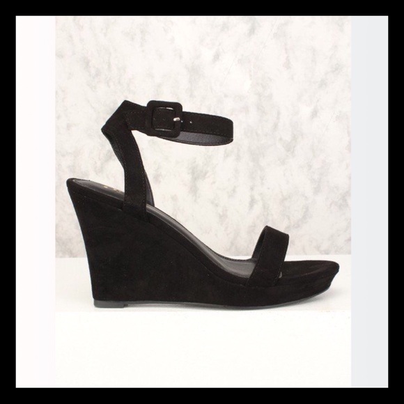 Black Ankle Strap Open Toe Wedges - Picture 4 of 5
